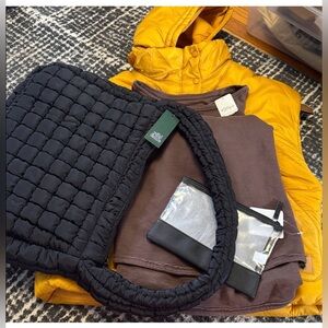 Free people Yellow Vest , free people long sleeve thermal, blue puffer tote